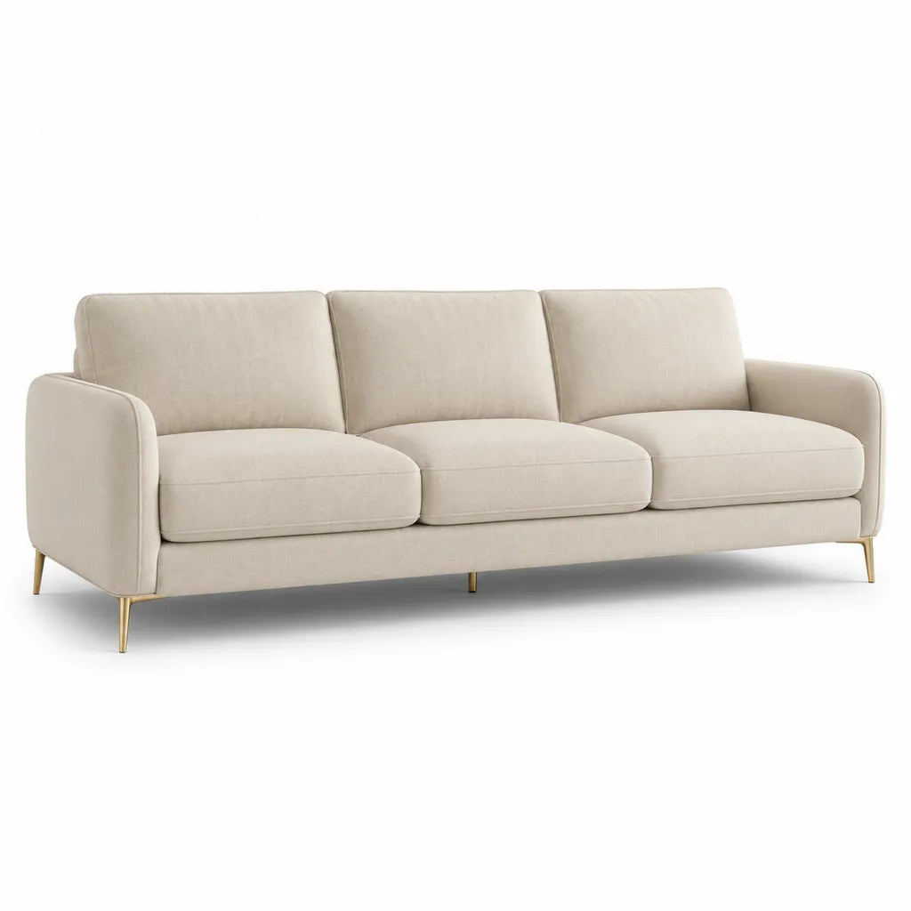 Divano 3 posti in poliestere rettangolare crema con gambe dorate 230 x 90 x 85 cm