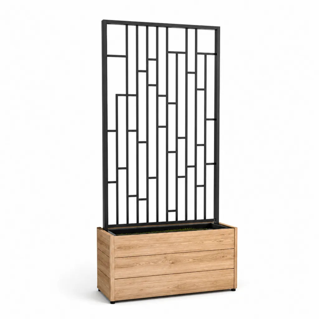 Fioriera rettangolare con grigliato in legno massello di abete e acciaio nero 100 x 40 x 140 cm