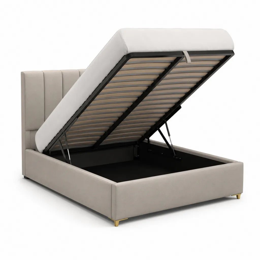 Letto contenitore matrimoniale 160 x 200 cm in poliestere grigio chiaro con rete a doghe e sollevamento a gas