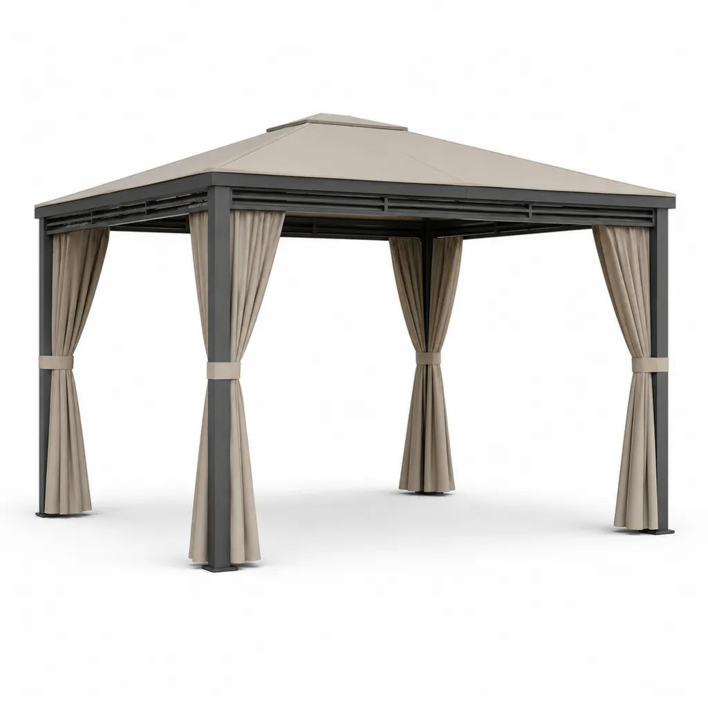 Gazebo da giardino 300 x 300 x 270 cm in acciaio e poliestere beige antracite con tende laterali