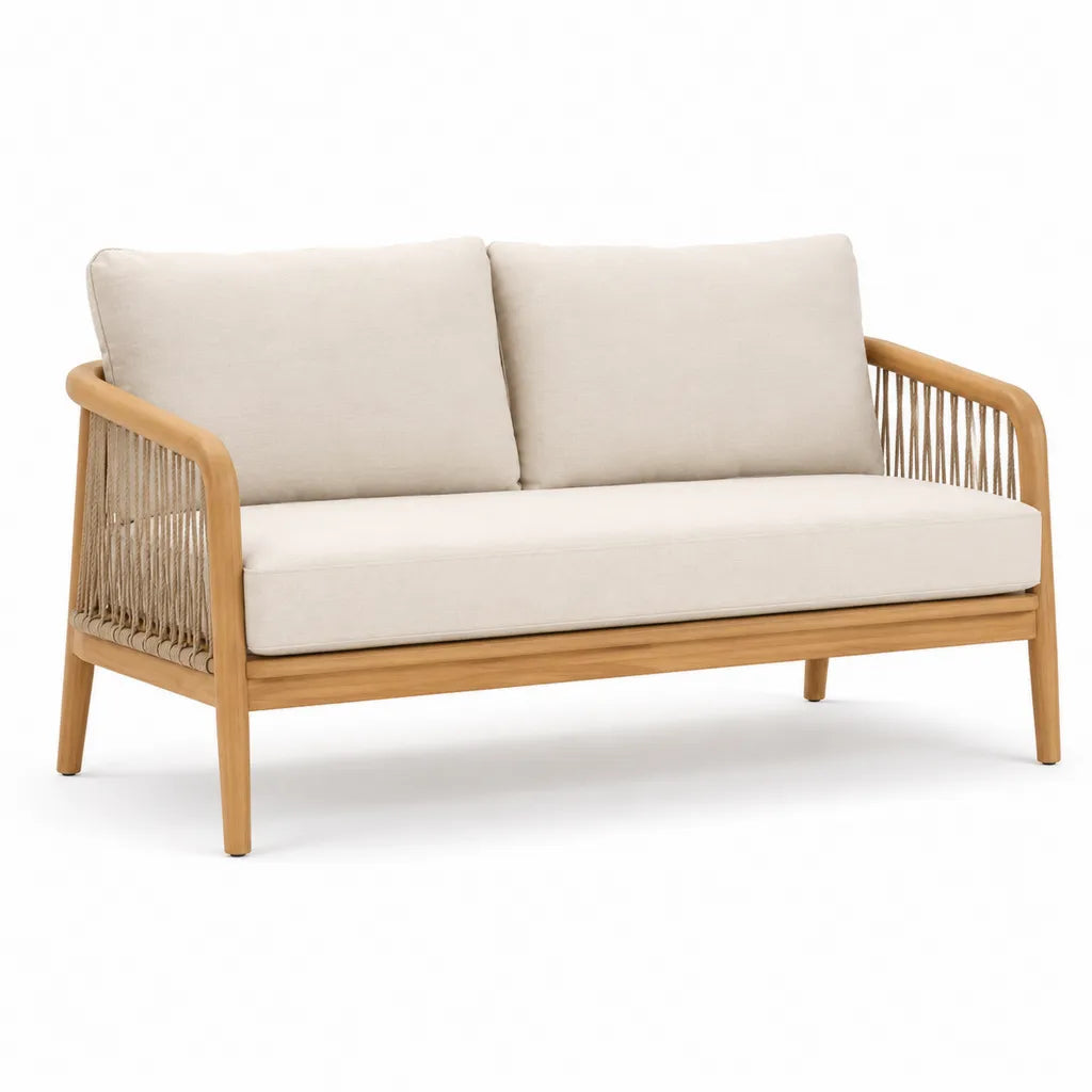 Divano da giardino 2 posti in legno massello di acacia con corda in polipropilene e cuscini beige 130 x 75 x 78 cm