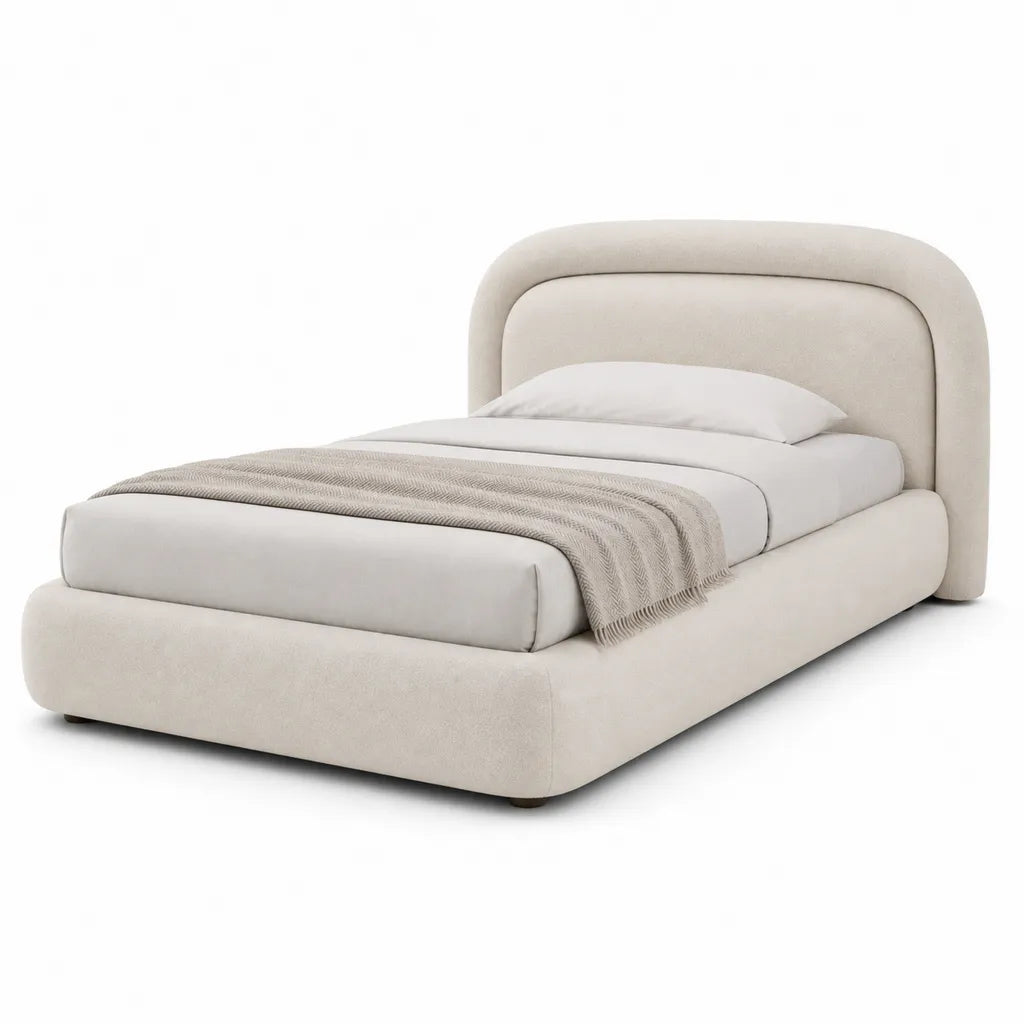 Letto contenitore imbottito 160 x 200 cm in poliestere boucl¨¦ beige con testiera arrotondata