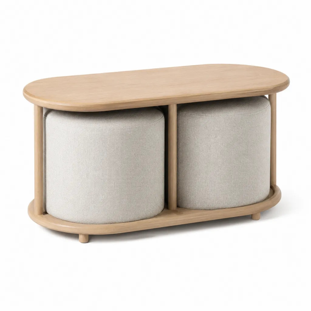 Tavolino da caff¨¨ ovale con 2 pouf contenitore 100 x 50 x 50 cm in MDF impiallacciato rovere e poliestere beige