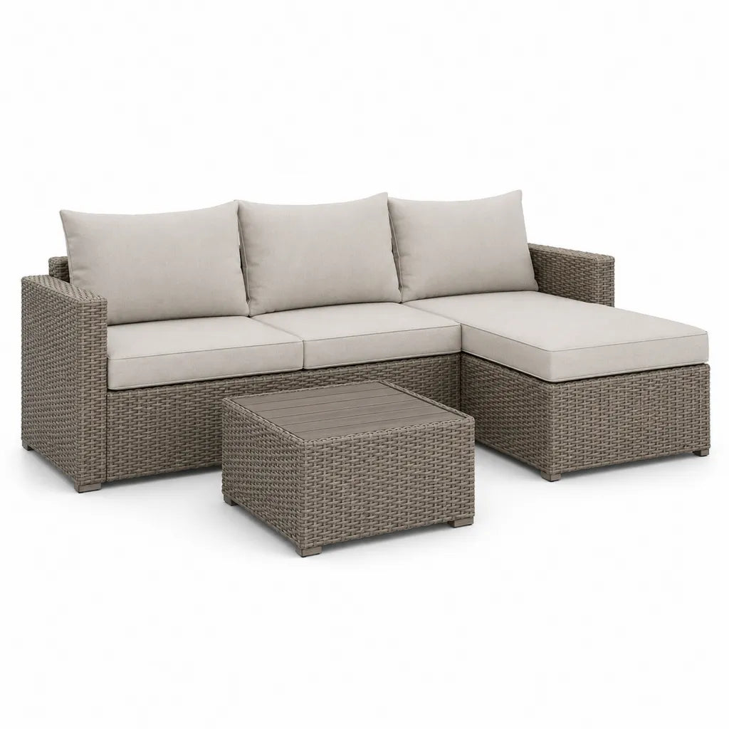 Set divano da giardino angolare 3 posti con tavolino in rattan PE grigio e cuscini beige 210 x 145 x 85 cm