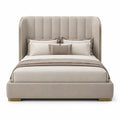 Letto contenitore matrimoniale 180 x 200 cm imbottito in velluto di poliestere beige con testiera alta arrotondata