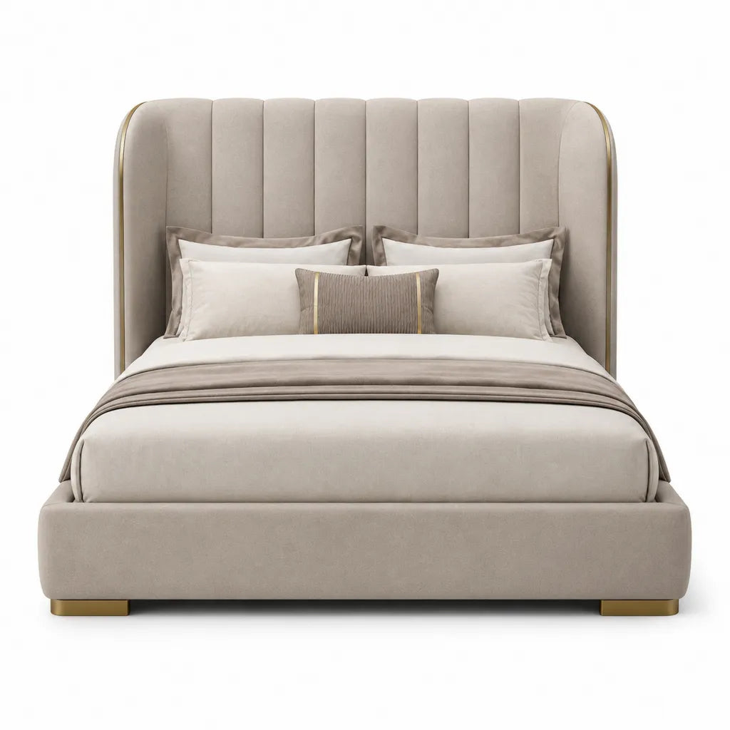 Letto contenitore matrimoniale 180 x 200 cm imbottito in velluto di poliestere beige con testiera alta arrotondata