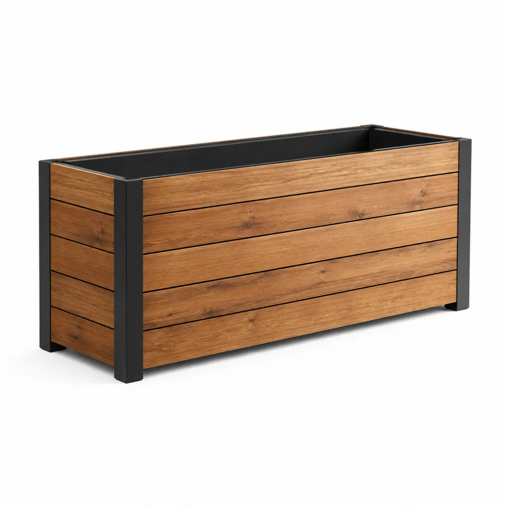 Fioriera rettangolare da esterno 100 x 40 x 60 cm in WPC e acciaio nero marrone
