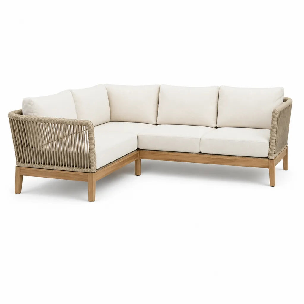 Divano angolare da giardino 4 posti in legno massello di acacia e corda in polipropilene beige 250 x 180 x 78 cm