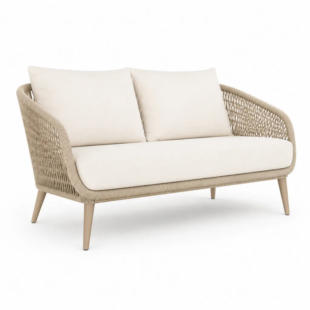 Divanetto da giardino 2 posti 140 x 75 x 80 cm in corda PE e alluminio beige con cuscini crema