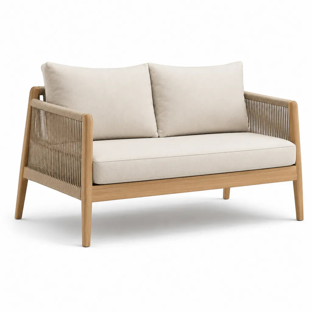 Panca da giardino 2 posti in legno massello di acacia con corda in polipropilene e cuscini beige 130 x 75 x 78 cm