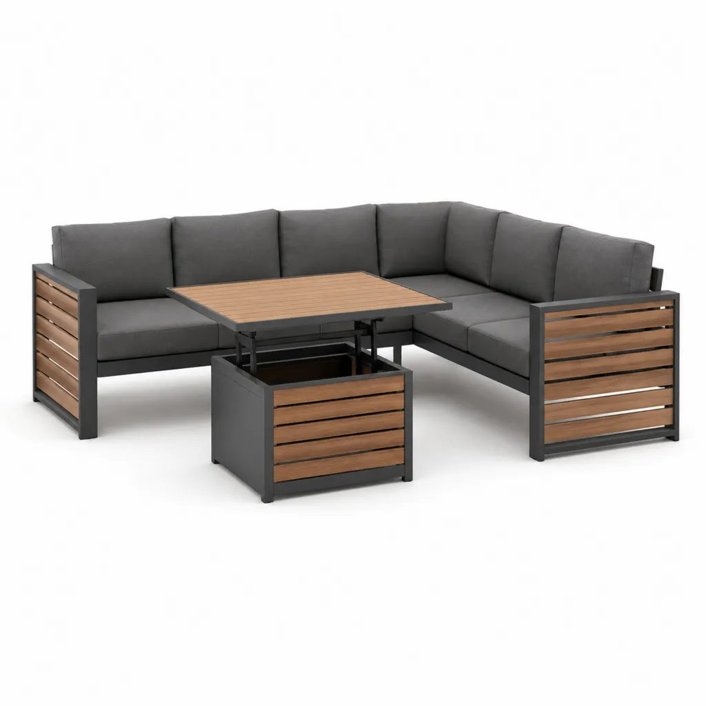 Set divano angolare da giardino 5 posti con tavolo elevabile 250 x 190 x 68 cm in alluminio e WPC nero marrone