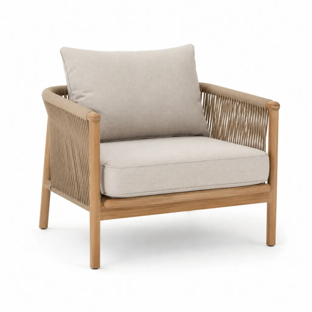 Poltrona da giardino con braccioli in legno massello di acacia e corda in polipropilene beige 75 x 78 x 80 cm