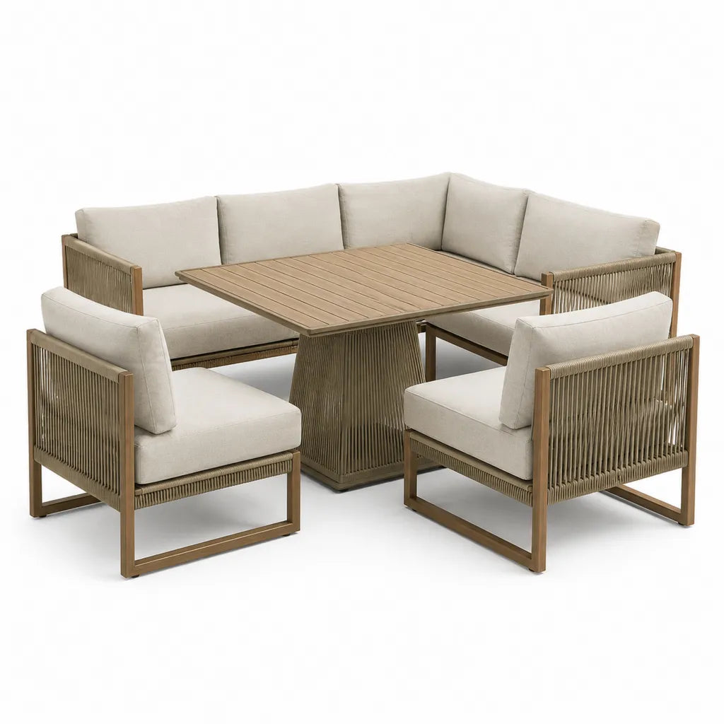 Set pranzo da giardino 5 pezzi con divano angolare poltrone e tavolo 120 x 120 cm in alluminio e corda beige tortora