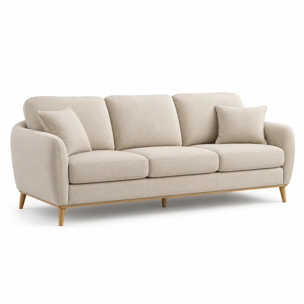Divano 3 posti in poliestere beige con piedi in legno massello 210 x 90 x 85 cm