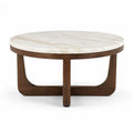 Tavolino da caff¨¨ rotondo 90 x 45 cm con piano in pietra sinterizzata bianca e base in legno massello marrone