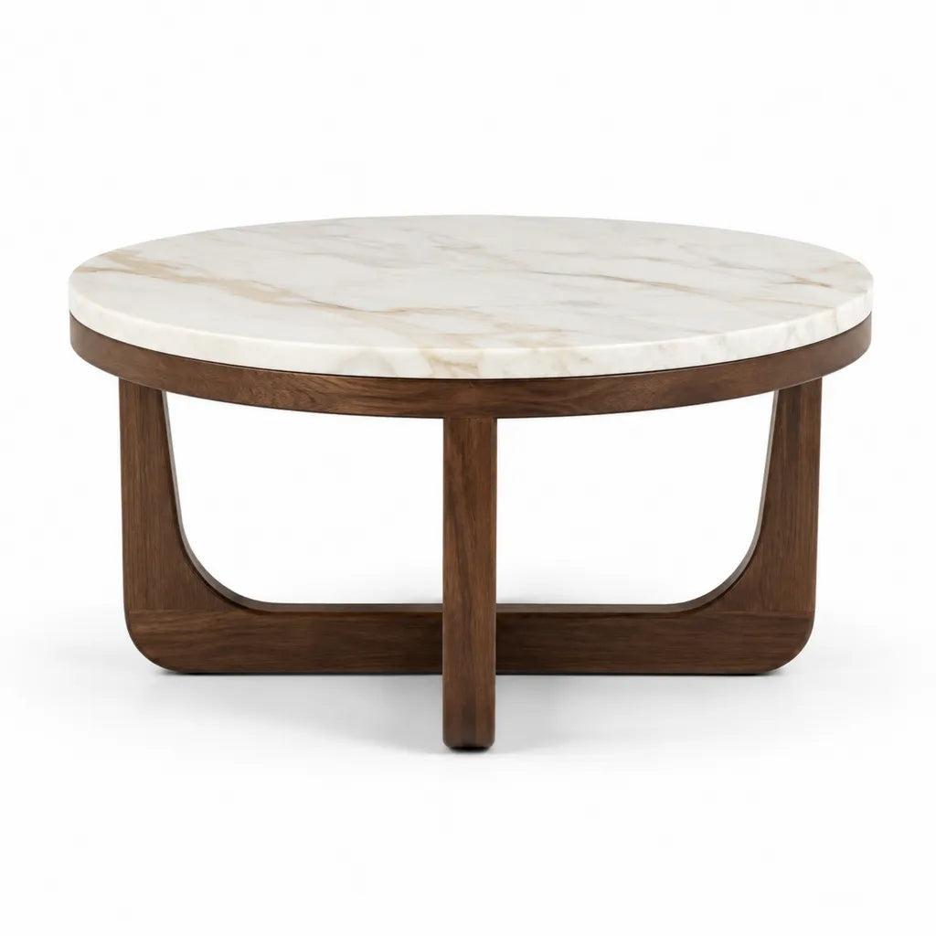 Tavolino da caff¨¨ rotondo 90 x 45 cm con piano in pietra sinterizzata bianca e base in legno massello marrone
