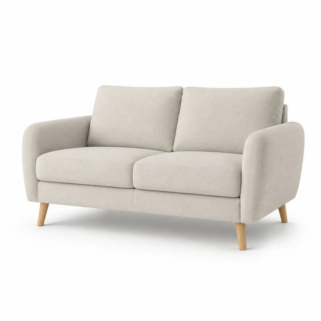 Divano 2 posti in poliestere beige con gambe in legno massello 140 x 78 x 82 cm