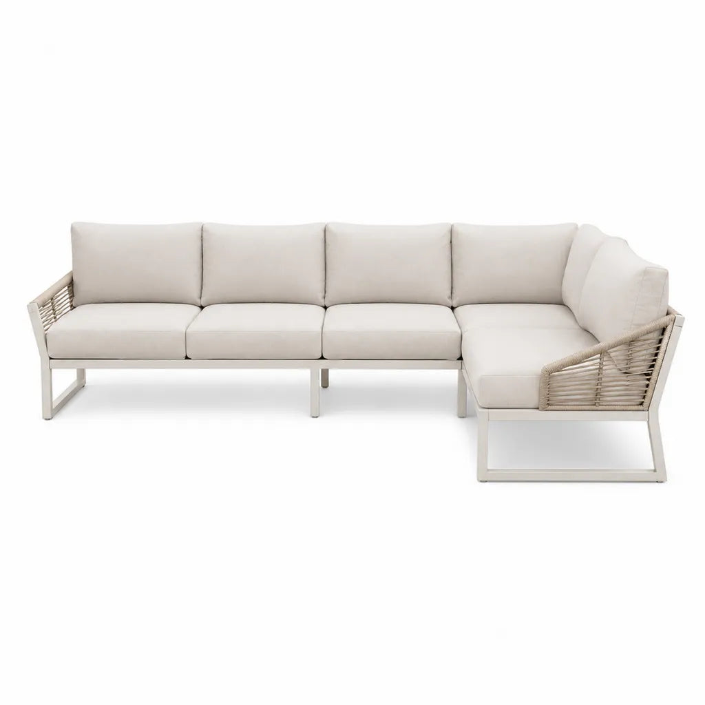 Divano da giardino angolare 4 posti con chaise longue in alluminio e corda sintetica beige 300 x 160 x 75 cm