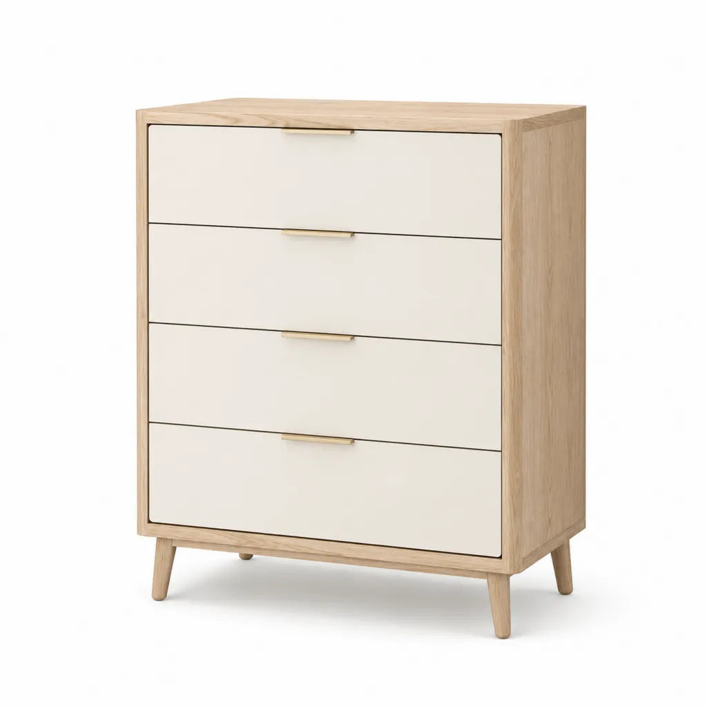 Cassettiera bassa rettangolare 4 cassetti in MDF effetto rovere e bianco 80 x 40 x 100 cm