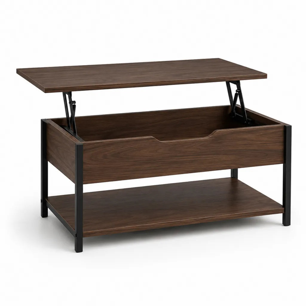 Tavolino da caff¨¨ rettangolare con piano sollevabile e vano contenitore 100 x 50 x 45 cm in MDF effetto noce e acciaio nero