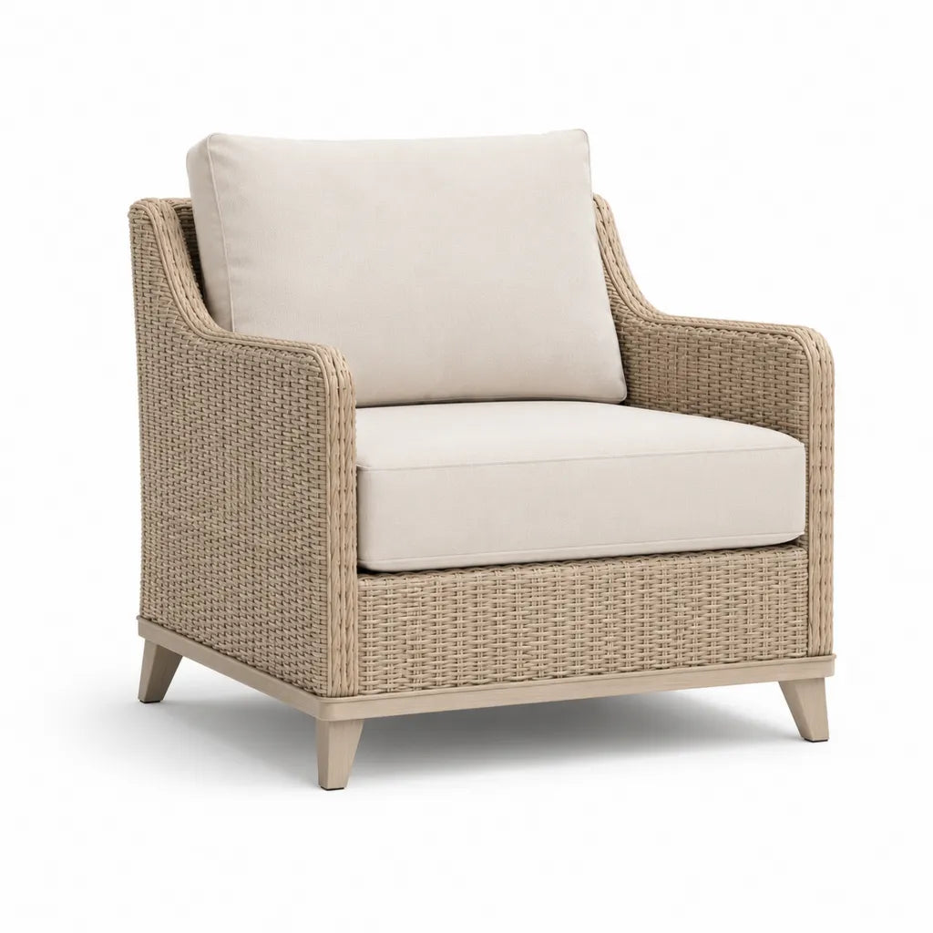 Poltrona da giardino in rattan PE beige con cuscini avorio 85 x 80 x 85 cm
