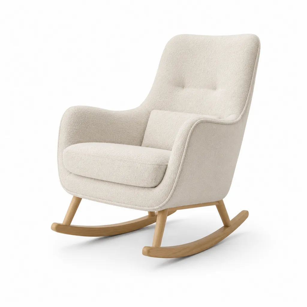 Sedia a dondolo imbottita con schienale alto in poliestere boucl¨¦ color crema 68 x 92 x 102 cm