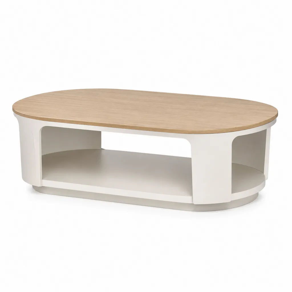 Tavolino da caff¨¨ ovale 100 x 60 x 40 cm in MDF bianco e rovere chiaro con ripiano inferiore