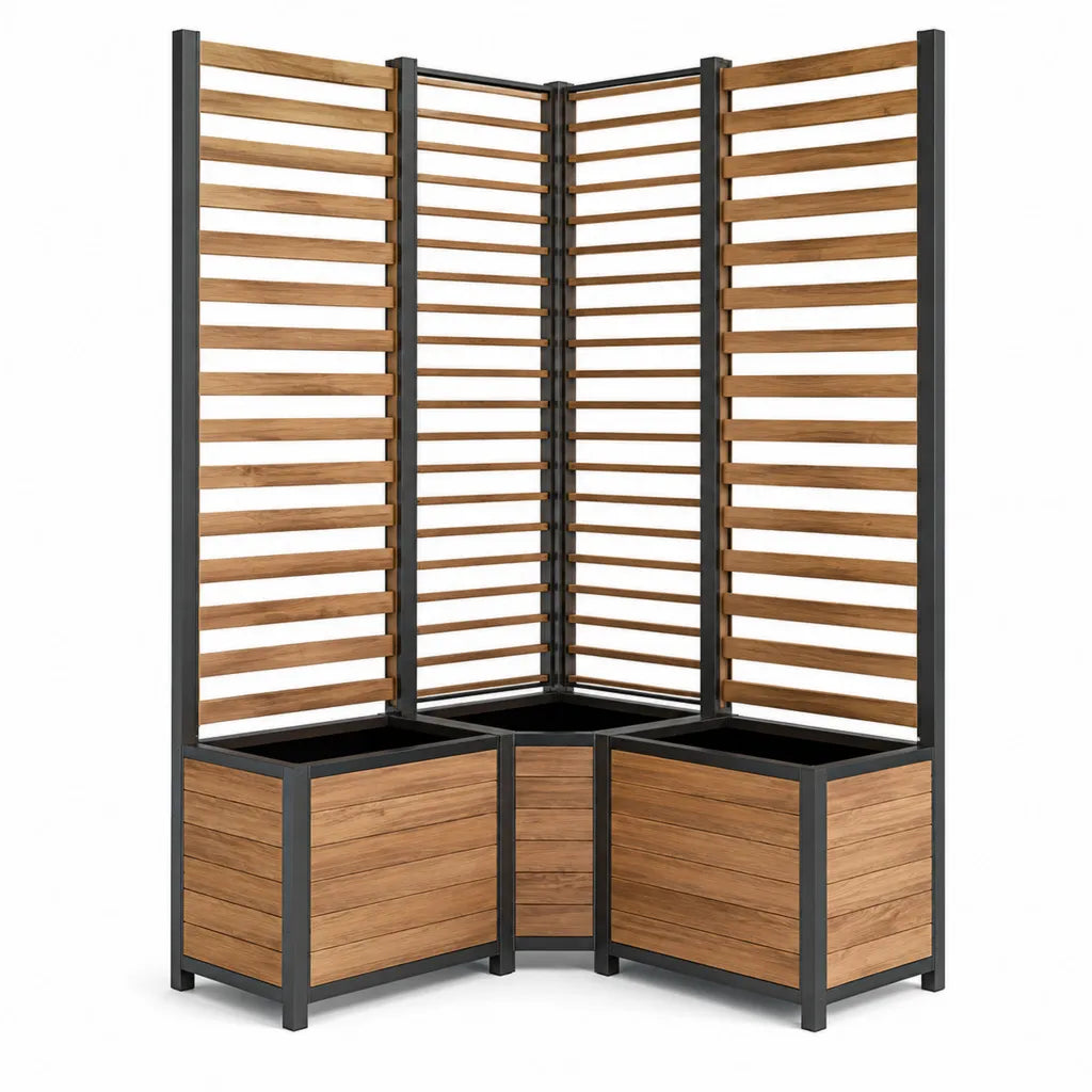 Set di 3 fioriere angolari con grigliato 160 x 80 x 180 cm in WPC e acciaio marrone antracite