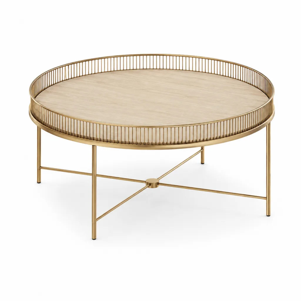 Tavolino da caff¨¨ rotondo ?80 x 45 cm in MDF effetto rovere chiaro e acciaio dorato