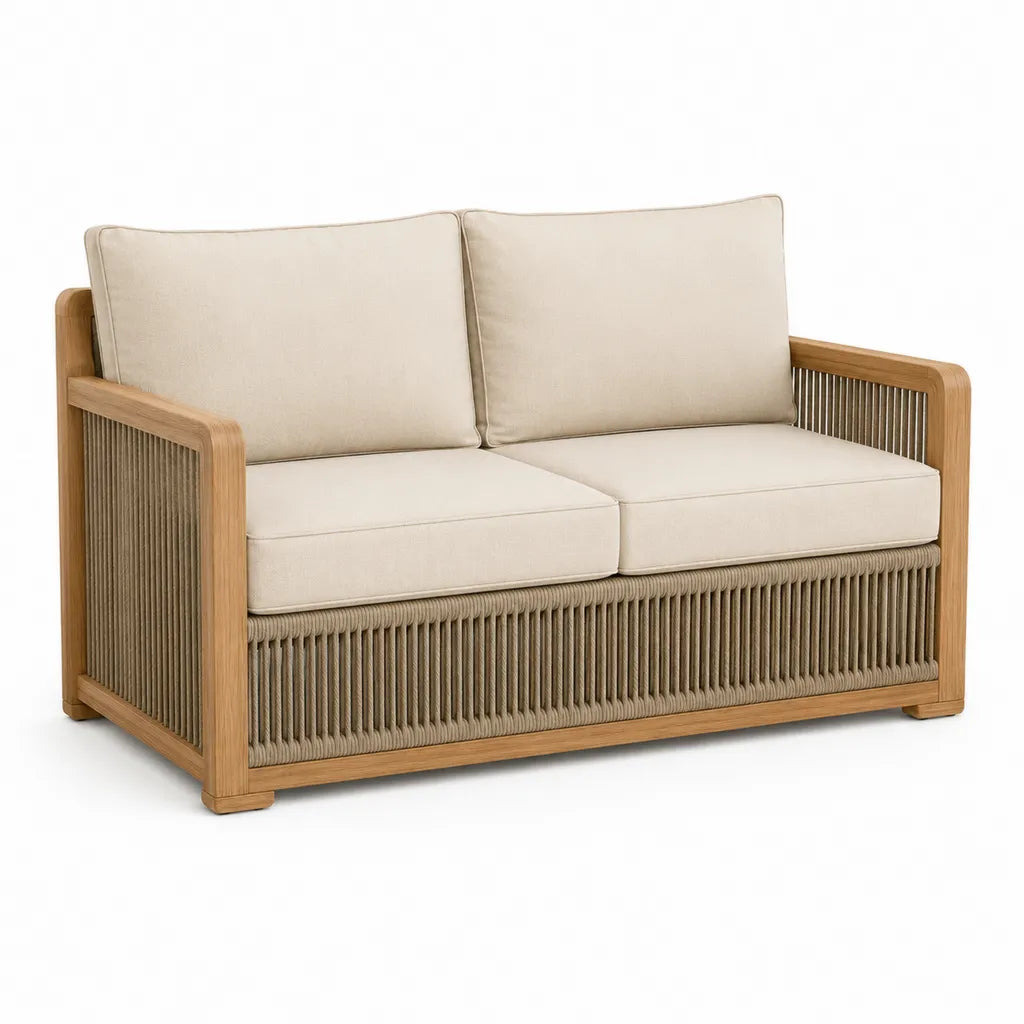 Divano da giardino 2 posti in teak massello con corda in polipropilene beige 150 x 80 x 78 cm