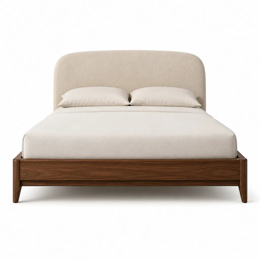 Letto contenitore matrimoniale 160 x 200 cm in noce con testiera imbottita rettangolare beige