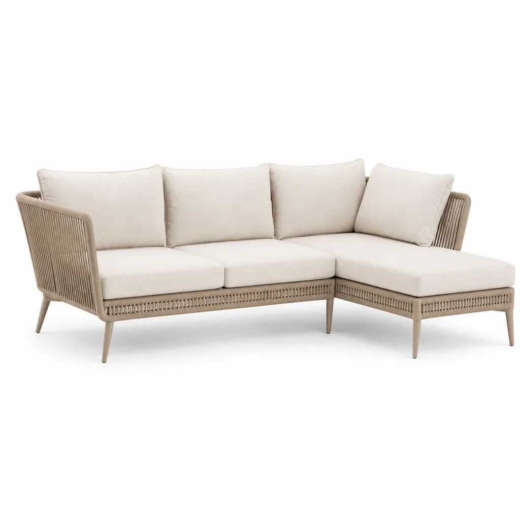 Divano angolare da giardino 4 posti in alluminio e corda PE beige 240 x 160 x 75 cm