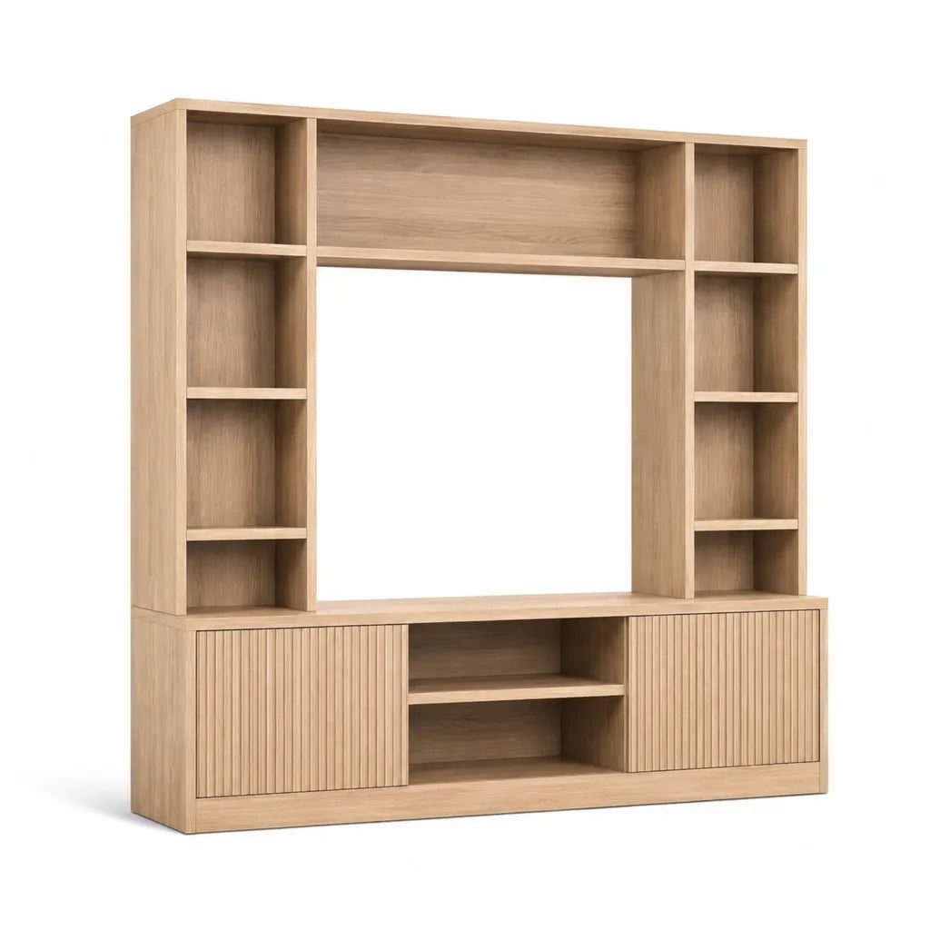 Mobile porta TV con libreria rettangolare in pannelli MDF effetto rovere naturale 180 x 40 x 200 cm