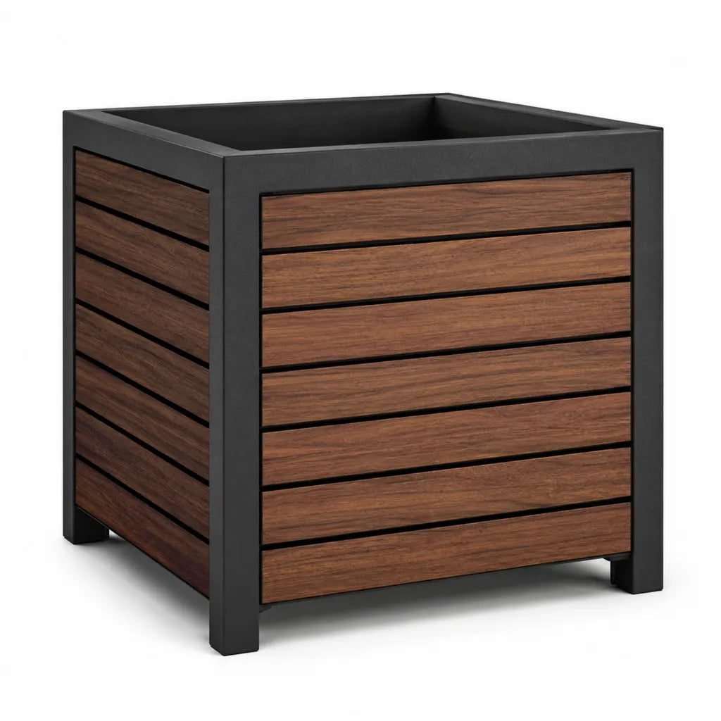 Fioriera da esterno quadrata 60 x 60 x 60 cm in acciaio e WPC marrone nero