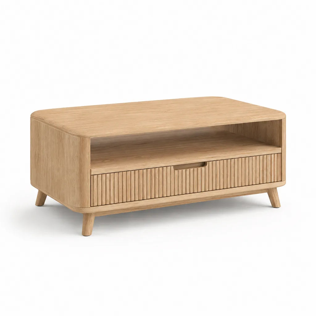 Tavolino da caff¨¨ con cassetto e vano a giorno 100 x 50 x 45 cm in MDF impiallacciato rovere rettangolare naturale