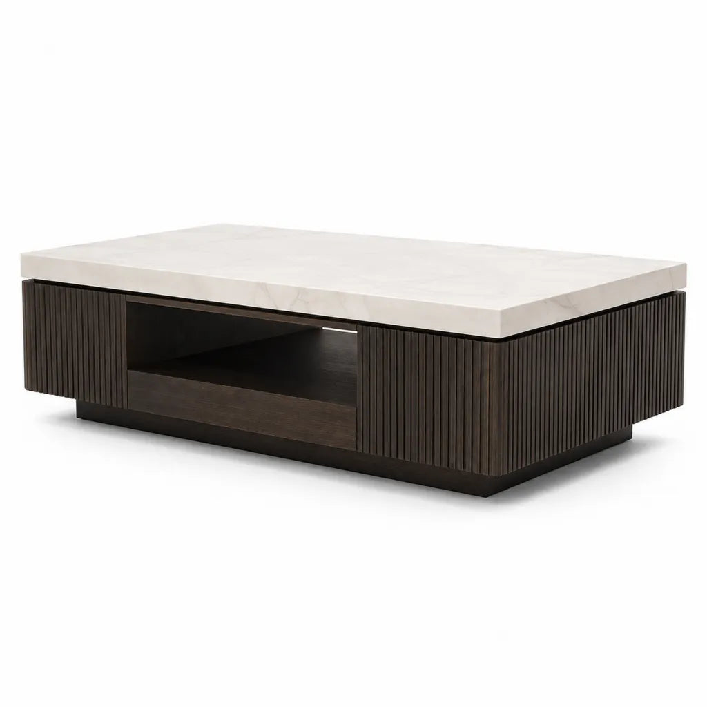 Tavolino da caff¨¨ rettangolare 120 x 70 x 38 cm in marmo bianco e MDF noce scuro con vano aperto