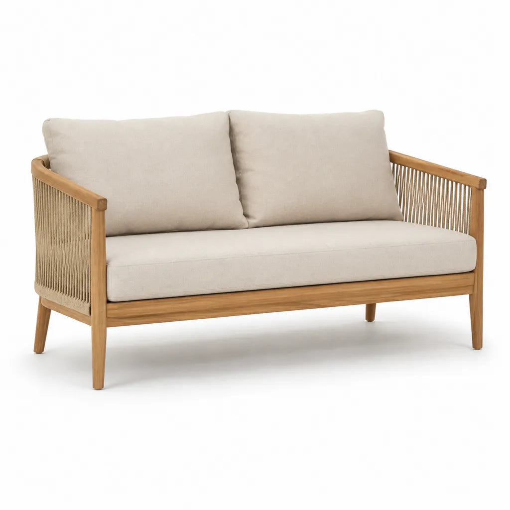 Divano da giardino 2 posti in legno massello di acacia con corda intrecciata e cuscini beige 130 x 70 x 75 cm